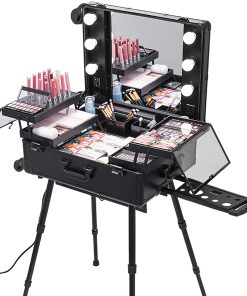 Rolling Makeup Case 28"x21"x54" with LED Light Mirror Adjustable Legs Lockable Train Table